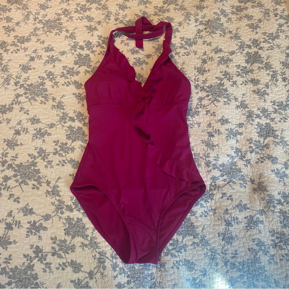 SPANX Halter Ruffle One-Piece Pink Fuchsia Swimsuit Size Medium